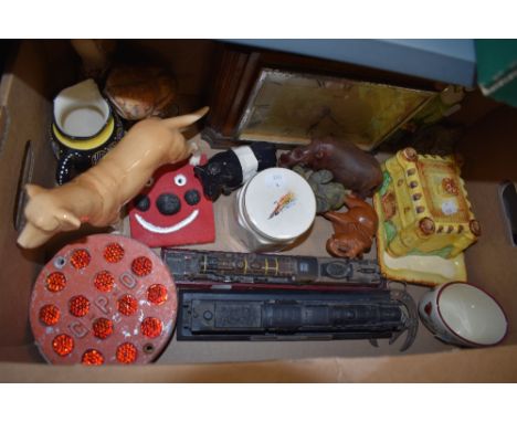 A cottage ware butter dish and cover, Ferranti oak cased mantel clock, various animal figures, and two train models.