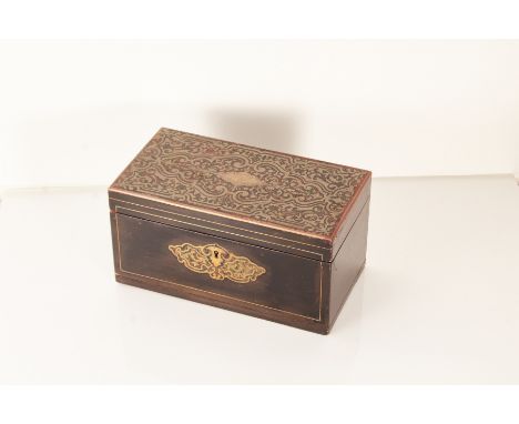 A mid-19th century French or English Boulle style inlaid tortoiseshell tea caddy, circa 1860Rectangular form, the plain eboni
