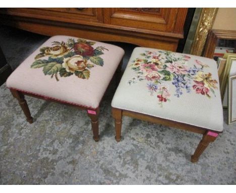 Two modern mahogany stools, each with a tapestry upholstered top 