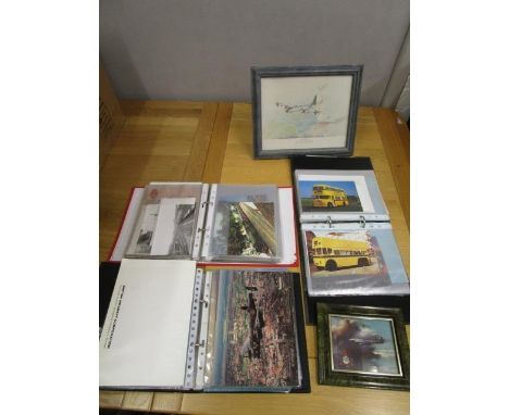 A selection of photographs and postcards of aircraft, trains and other modes of transport to include a signed print entitled 