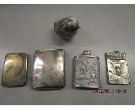 Mixed silver and silver plated items to include two silver cigarette cases, total weight 133.6g, an EPNS chick pin cushion, a