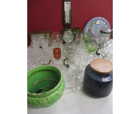 Mixed vintage and later domestic glassware, two mid 20th century barometers, a jardiniere, a vintage kitchen storage jar and 