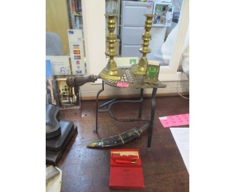 A mixed lot to include a Victorian trivet, a pair of brass candlesticks, a Gurkha style knife, a Chinese enamelled matchbox c