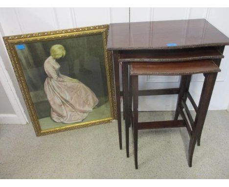 A reproduction nest of mahogany tables with sausage and pea moulding, together with a retro 1964 print entitled 'The Secret' 