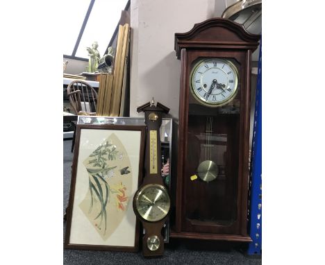 A Lincoln 31 day wall clock together with a contemporary barometer, two Japanese framed prints and a mirror 