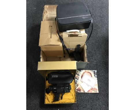 A box of projector, Chinon cine camera, Aumig mini 3 camera etc 