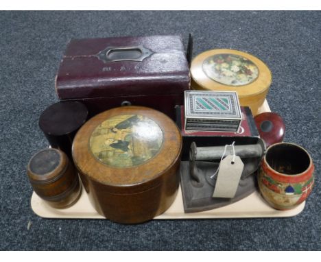 A tray of antique leather jewellery box, flat iron, treen boxes, snuff box etc 