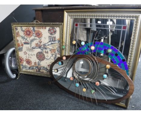 A Vax cylinder vacuum, gilt fire screen and four assorted mirrors 