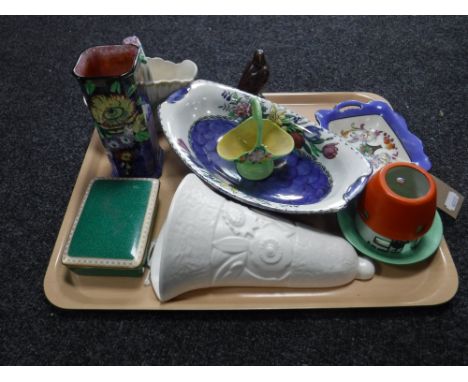 A tray of Spode china wall pocket, Maling dish, Carlton basket, midwinter Burslem figure - Madonna with child  etc 