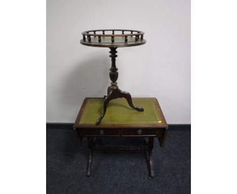 A mahogany leather topped sofa table and a matching wine table 