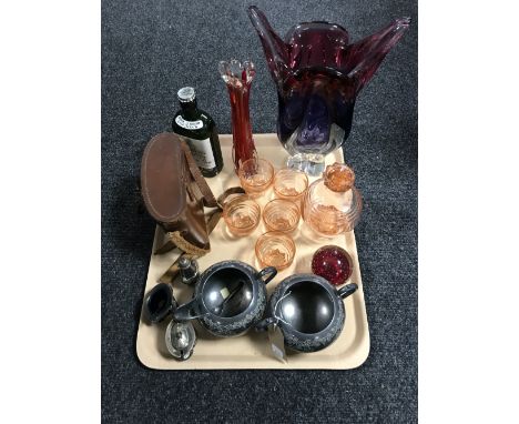 A tray of decanter and glass, plated Sheffield sugar basin, cruet set, field glasses etc 