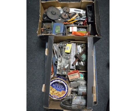 Two boxes of hand tools, hard ware etc 