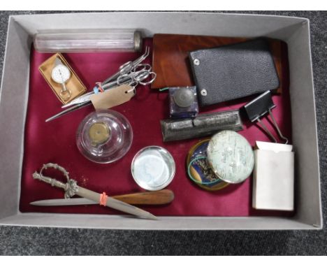 A box of scissors, tweezers, vintage inkwells, paperweights, converter etc 