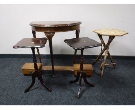 A pair of mahogany pedestal wine tables, hall table, bamboo occasional table and oak shelf fitted two drawers 