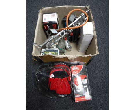 A Benross gas heater together with a box containing Lonsdale boxing items, Power tools etc 