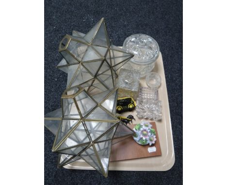 A tray of glass ware, two star light shades, Ringtons diecast van etc 