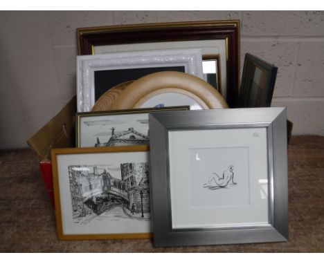 A box of framed prints including signed Daisy budge print - Cuillines, Skye, pencil sketch trawler off Holy Island, Whinney t