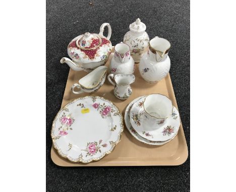 A tray of Coalport The Caughley Mask head jugs, Paragon teapot, Minton lidded vase, Royal Crown Derby Pinxton cabinet plate e