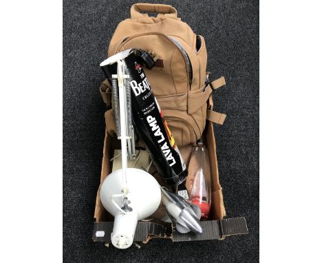 A box of vintage Italian angle poise lamp, Lava lamp and one other with back pack
