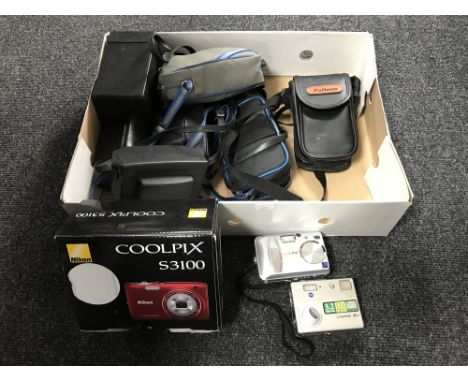 A box of vintage and later cameras including Hawke eye, Digital cameras Nikon Coolpix etc 