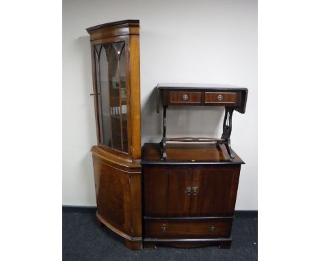 An inlaid mahogany TV cabinet, matching sofa table and corner display cabinet 