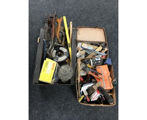 A boxed Draper mitre saw together with a boxed Black and Decker scorpion saw, assorted power tools and hand tools 