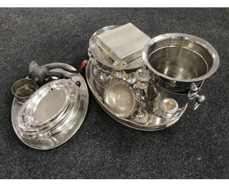 A quantity of stainless steel and plated ware, gallery tray, baskets, entree dishes, champagne buckets, vintage mincer etc 