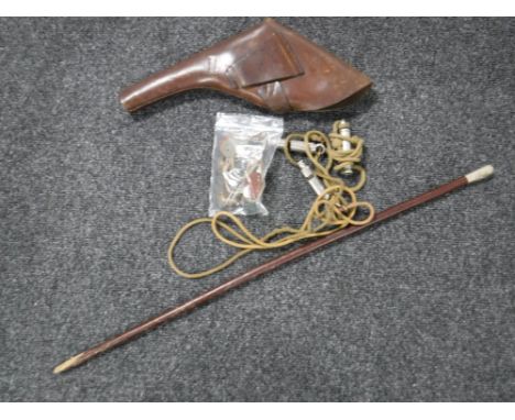 A military swagger stick together with ID tags, St. Johns ambulance bags, three whistles on lanyards and leather holster 