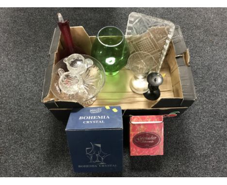 A box of Bohemian crystal, glass comports, trinket tray, glass vases together with eight assorted table lamps with shades etc