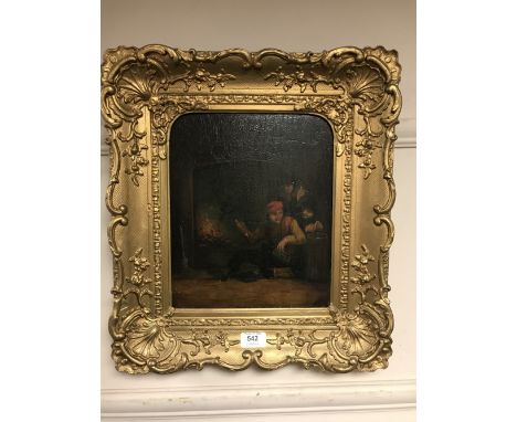 After Teniers (19th century), three figures by a fire, oil on board, 29 cm x 24 cm, framed. CONDITION REPORT: Bears crude, ca