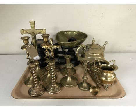 A tray of assorted brass, candlesticks, crucifix, Salter scales, tea service etc