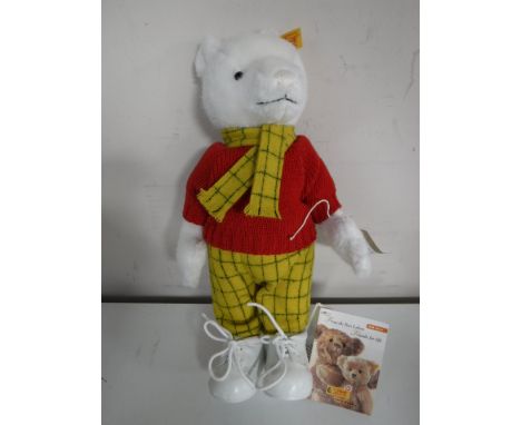 A Steiff white mohair bear - Rupert the Bear, length 30 cm.