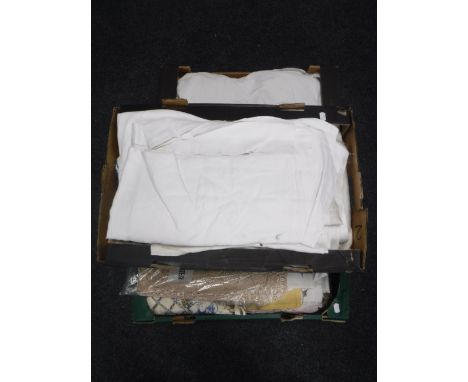 Three boxes of table cloths, damask cloths, vintage shawls, lace, petticoat, lace apron etc 