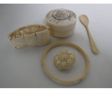 Five pieces of antique ivory - trinket box, spoon, bracelet etc  CONDITION REPORT: Circular box with re-glued lid and chips t