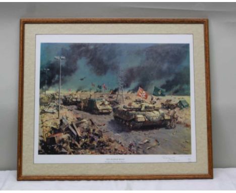 AFTER TERENCE CUNEO A SIGNED LIMITED EDITION PRINT, depicting the Queen's Royal Hussars on the Basrah road, 45cm x 61cm, sign