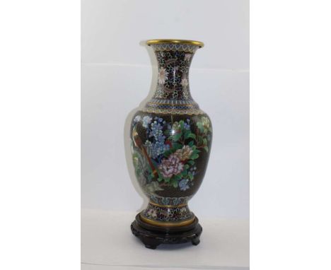 A CHINESE CLOISONNE VASE of baluster form, decorated with exotic birds & flowers on a noir ground, 46cm high, together with a