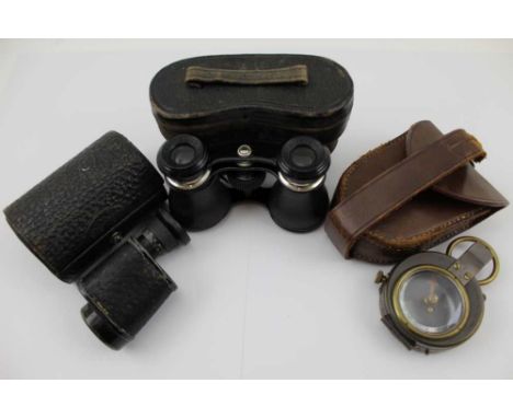 A FIRST WORLD WAR MILITARY COMPASS, Verner's pattern, inscribed E. Koehn 1917, in leather pouch, together with a cased pair o