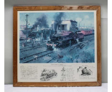 AFTER TERENCE CUNEO 'Express Engines at Tyseley' A late 1960s published print of steam trains, later signed and dated Dec 3rd