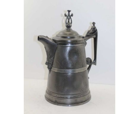 AN AMERICAN MID 19TH CENTURY 'REED &amp; BARTON' PEWTER PITCHER with lion mask and engraved decoration, 36cm high 