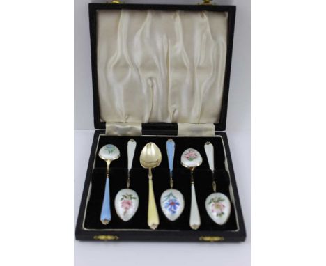 ADIE BROTHERS, A CASED SET OF SIX SILVER GILT & ENAMELLED COFFEE SPOONS, guilloche enamel handles and bowl backs, each painte
