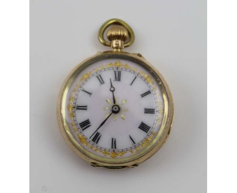 A 14K CASED LADY'S FOB WATCH, white enamel dial with Roman numerals, fitted top winder and suspension ring, 2.5cm in diameter