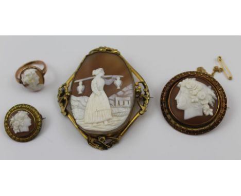 TWO 19TH CENTURY CAMEO BROOCHES, each decorated with a classical profile portrait, wearing floral wreaths circular mounted, t