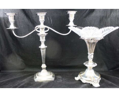 AN OLD SHEFFIELD PLATE COMPORT, having cut glass bowl top, 35cm high, together with a Sheffield plate twin branch candelabra,