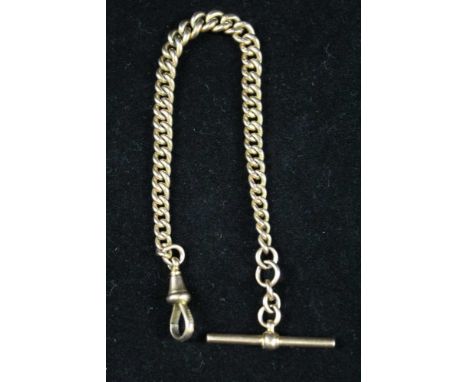 A 9CT GOLD WATCH CHAIN, graduated links with 'T' bar and clip, 24.5gCondition report: Each chain link is marked, the ‘T bar’ 