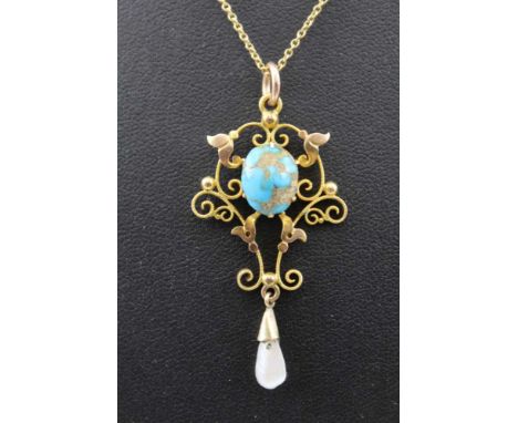 A 9CT GOLD PENDANT INSET TURQUOISE WITH PEARL DROPPER, suspended upon an 18ct gold chain, the chain weighs 2g, overall weight