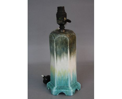 A RUSKIN POTTERY TABLE LAMP, of hexagonal form, crystalline glazes ranging from grey/green, white and turquoise, impressed ma