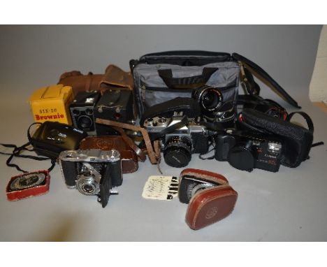 A TRAY OF CAMERA EQUIPMENT, including a Baldinette, a Chinon CS SLR fitted with a 55mm 1:1.7 lens, a Chinon 35mm 1:2.8, a Kod