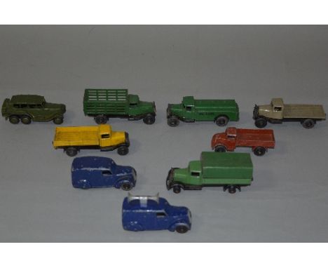 A QUANTITY OF PLAYWORN EARLY POSTWAR DINKY TOYS, mainly 25 series lorries, to include Petrol Tank Wagon, No.25d in dark green