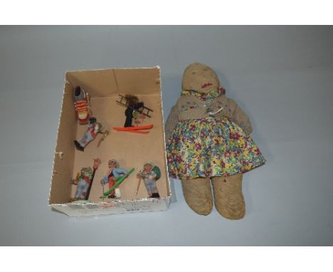 AN EARLY MERRYTHOUGHT CLOTH DOLL, embroidered features, distressed condition, missing most of original pink plush, some damag