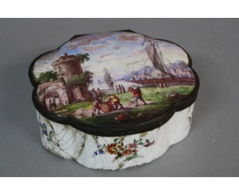 A LATE 18TH CENTURY ENAMEL BOX, with hinged cover and of wavy outline, the cover painted with a busy harbour scene, the base,